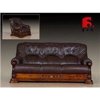 rustic style leather sofa with wooden base