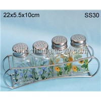 5pcs decal glass spice jar set with metal stand