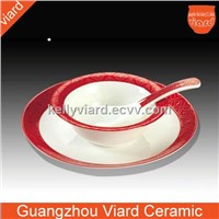 Good quality high white fine bone china 4 pcs dish and bowl with China red decor design DSSM-10263