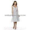A-Line V-Neck Tea Length Elastic Satin & Tulle Bridesmaid Dress(02-015-00801)