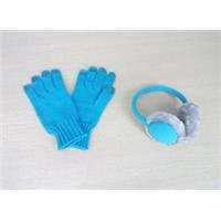 Blue color knitted overhead earmuff headphone and touch glove