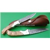 Handmade Damascus hunting knife F0002, fixed blade, burl wood handle, brass guard, leather sheath