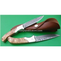 Handmade Damascus hunting knife F0002, fixed blade, burl wood handle, brass guard, leather sheath