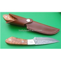 Handmade Damascus knife F0003, fixed blade, burl wood handle, brass guard w/ pearl, mosaic rivet