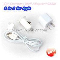 3in1,AC Wall Adapter+Car Charger+USB Data Cable for 3GS 4S 4