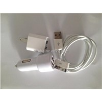 3in1 US Plug AC Wall &amp;amp; Dual USB Car charger &amp;amp; USB Data Sync Cable for iPhone 4 4S 3G(White)