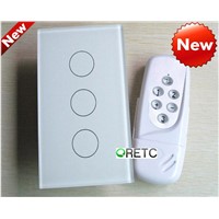 3 gang touch wall switch with wireless remote control, crystal glass panel,US model