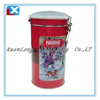 round coffee tin box with hinged lid