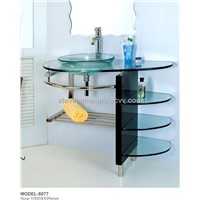 Tempered glass basin with solid wood & Stainless steel frame+mirror (6077)
