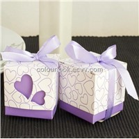 Cube shaped wedding favour gift box - Purple Hearts with ribbon design
