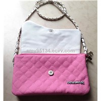 PU Leather Embroidery Lovely Pink Women Totes Double Main Pockets Shoulder Bags With Long Chain Belt