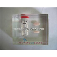 acrylic paperweight with bottle and pills embed