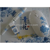 Blue and white porcelain USB disk wireless mouse and pen gifts kits