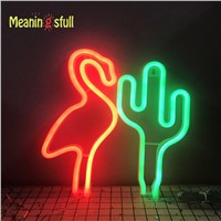 Meaningsfull Novelty Neon Led Flamingo Night Light Cactus Neon Sign Wall Lamps Battery/USB Power For Baby Room Decor Kids Gift