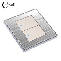 Coswall 2 Gang 1 Way Luxury LED Light Switch Push Button Wall Switch Interruptor Brushed Silver Panel 10A AC 110~250V