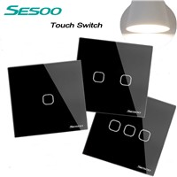 SESOO EU/UK Standard Touch Switch,Crystal Glass Panel Black Fireproof Wall Light Switch 1Gang/2 Gang/3 Gang 1 Way for Smart Home