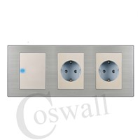 Coswall 16A EU Standard Wall Double Socket + 1 Gang 1 Way Light Switch With LED Indicator Stainless Steel Panel 236*86mm