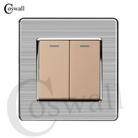 Coswall 2 Gang 1 Way Luxury Light Switch Push Button Wall Switch Interruptor Stainless Steel Panel AC 110~250V