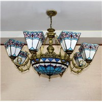 Blue Shape Tiffany Chandelier European Mediterranean Vintage Glass Suspension Light Bar Cafe Hanging Lamp Pendientes 11 Lights