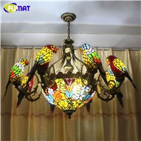 FUMAT Parrots Chandelier European Vintage Glass Light Living Room Dining Room Stained Glass Art Birds Lamp E27  LED Chandelier