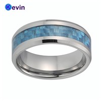 Silver Tungsten Men Women Ring With Blue Carbon Fiber Inlay Nice Men Wedding Band