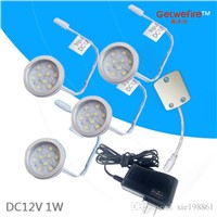 Free shipping DC 12v 4pcs 1W LED Puck/Cabinet Light,LED spotlight with 9pcs 2835 leds+1pcs connector line+12v 1a power adapter