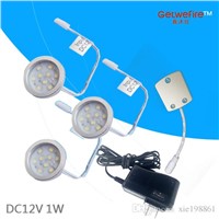 TOP quanlity DC 12v 3pcs 1W LED Puck/Cabinet Light,LED spotlight with 9pcs 2835 leds+1pcs connector line+12v 1a power adapter