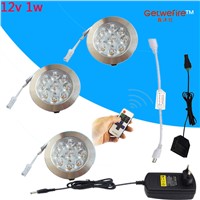Recessed Dimmable 3-5pcs DC 12v 1W LED Puck/Cabinet Light,LED spotlight+connect wire+12v 12A RF led dimmer+12v 1a adapter