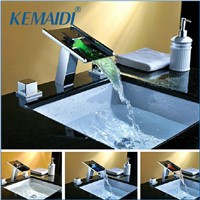 KEMAIDI New 3 PCS Set Deck Mounted LED Waterfall Spout Faucets,Mixer Taps Water Power LED Mixer Bath Faucets Bathtub Faucet Set