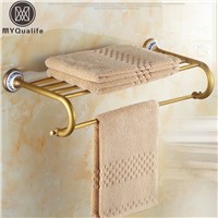 Antique Brass Wall Mount Hotel Bathroom Towel Rack Rail Brass Ceramic Bath Towel Shelf