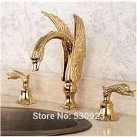 Newly Golden Polished Bathroom Basin Sink Faucet Luxury Flying Swan Shape Mixer Tap Dual Handles Three Holes Deck Mounted