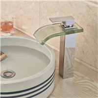 Contemporary Color Changing Waterfall Glass Bathroom Basin Sink Faucet Deck Mounted LED Light Mixer Taps One Hole