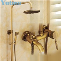 Wall Mounted Mixer Valve Rainfall Antique Brass Shower Faucet Complete Sets + 8&amp;amp;quot; Brass Shower Head + Hand Shower + Hose YT-5337