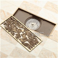Chinese Style Antique Brass Bathroom Linear Shower Drain Floor Drainer Trap Waste Grate Strainer Dragon And Phoenix