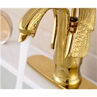 Luxury Swan Shape Golden  Bathroom Sink  Faucet Single Handle Basin Mixer Tap With Cover Plate