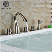 Creative 5pcs Bathroom Tub Mixer Taps Deck Mount Brushed Nickel Widespread Bathtub Faucet Set