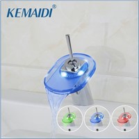 KEMAIDI LED Light Faucet RGB Modren Waterfall Chrome Bathroom LED Tap Single Lever Sink Basin Tap Chrome Vessel Mixer