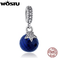 100% Real 925 Sterling Silver Moon &amp;amp;amp; Star Charm Blue Crystal  Fit Original Pandora  Bracelet Pendant Authentic Same Jewelry Gift