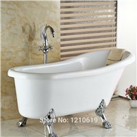 Newly Luxury Swan Style Bathroom Floor Standing Tub Faucet Mixer Tap Chrome Bathtub Faucet Dual Handles