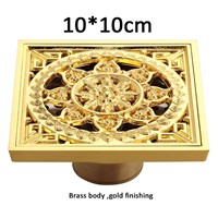 4 inch NEW Gold Brass Square anti-odor Bath carving  Floor Drain Shower Waste Water Drainer