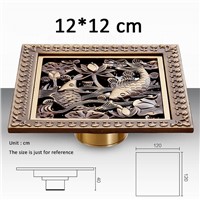 Wholesale And Retail Creative Fish Carved 12CM Square Bathroom Floor Waste Drain shower ground drainer antique brass