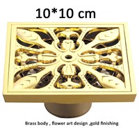 Golden color square flower art design brass grate drains hair traps for shower drain floor sink drainer strainer 10*10 cm