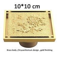 Luxury Golden Brass Floor Drain Art Carved Suquare Grate Wast Bath Shower Drainer Chrysanthemum design 4 inch