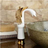 Hot selling white plating brass  gold  double wing  luxury elegant swan animal bathroom basin faucets 6916
