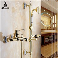 Shower Faucets Wall Mounted Bath Shower Sets Bathroom Golden Brass Bath Shower Faucet with Slide Bar Handheld Soap Dish 9107G