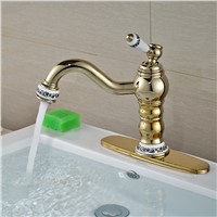 Wholesale And Retail Blue And White Porcelain Deck Mounted Bathroom Basin Faucet Golden Mixer Tap W/ Cover Plate