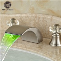 Luxury LED Light Brushed Nickel Basin Sink Mixer Faucet Deck Mount Waterfall Deck Mount 3 Hole Water Taps
