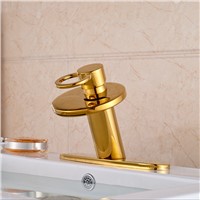 Modern Golden Waterfall Basin Mixer Faucet Deck Mount Bathroom One Hole Hot Cold Taps with 8&amp;amp;quot; Hole Cover Plate