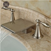 Brushed Nickel Deck Mount Hot and Cold Water Basin Faucet Waterfall Double Handle Bathroom Mixer Taps