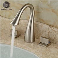 Brushed Nickel Double Handles Bathroom Sink Mixer Faucet Deck Mount 3 Holes Water Taps
